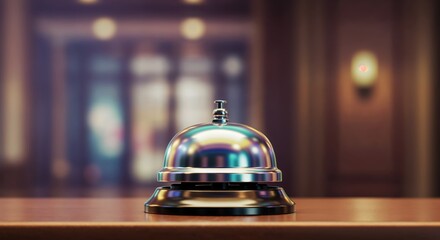 Hotel Bell on Desk: A polished, silver hotel bell sits poised on a wooden desk. capturing the essence of elegance and anticipation, evoking a sense of hospitality and personalized service.