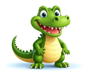 Fototapeta premium A vibrant, cartoon alligator with bright green scales and a happy grin, white teeth, and big blue eyes, standing on a light-blue base