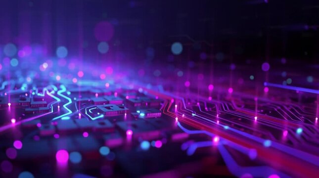 Futuristic technology circuit board with vibrant neon lights pulsing and glowing representing cutting edge innovation and digital connectivity solutions