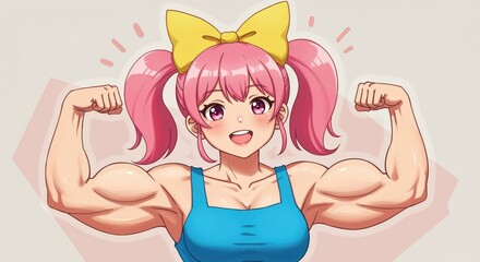 Anime Girl flexing Muscles: A vibrant anime girl with rosy cheeks and a confident smile, showcases impressive muscles, embodying strength and determination.