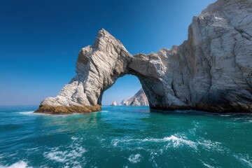 Vista Coastline Natural wonder concept. Majestic rock arch over tranquil blue waters.