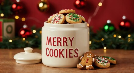 Festive Cookie Jar: A ceramic jar, brimming with an array of Christmas cookies, sits amidst seasonal decorations. A joyful visual of the holiday season and sweet treats.