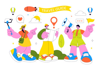 Travel Guide and Tour Vector Illustration Showing Interesting Places to a Group of Tourists for Vacation Planning in a Flat Style Cartoon Background