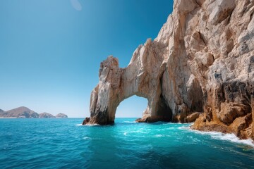 Vista Coastline Natural wonder concept. Rocky arch formation by the sea under a clear blue sky.