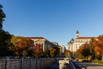 A sunny autumn day in Washington, DC. The White House stands amid autumn trees. The US government  shut down. Memorial Day in capital of USA.