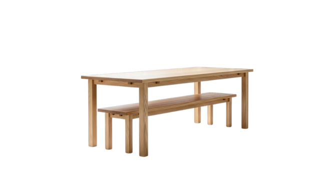 Simple wooden dining table with matching bench and legs on transparent background a natural wood grain finish and clean design perfect for home decor