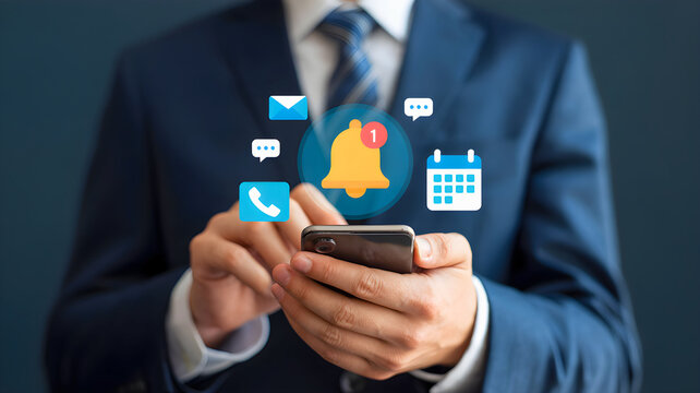 Businessman using phone with notification icons bell, email, calendar