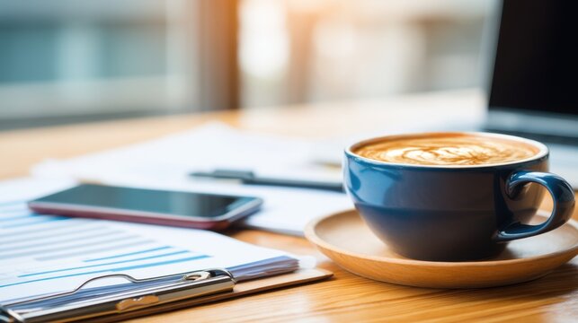 Enjoying coffee break at work office setting lifestyle image warm atmosphere close-up view productivity boost