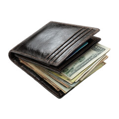 Open wallet with visible banknotes on transparent background