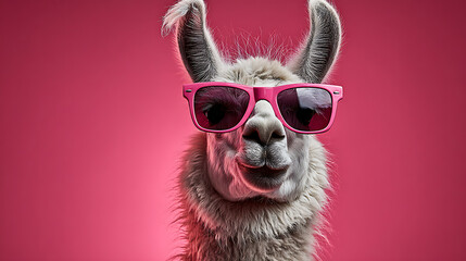 Fluffy llama wearing pink sunglasses against vibrant pink background animal studio