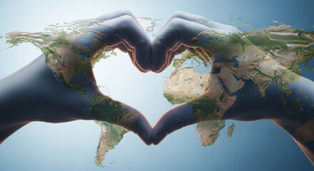 Pixelated hands create a heart shape filled with earth texture, set against a serene blue gradient background in this conceptual digital art piece.