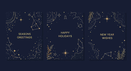 Elegant celestial holiday greeting cards with constellations, stars, and botanical elements on a dark blue background. © Sultan Desain