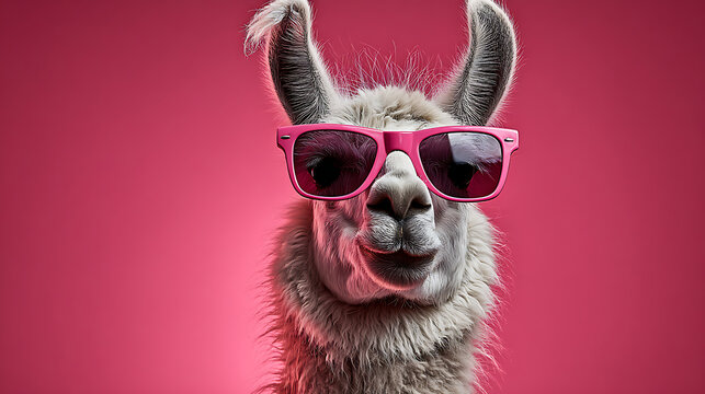 Fluffy llama wearing pink sunglasses against vibrant pink background animal studio