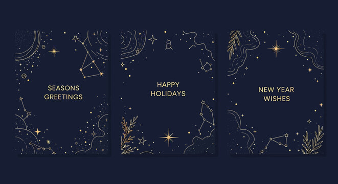 Elegant celestial holiday greeting cards with constellations, stars, and botanical elements on a dark blue background.