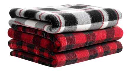 Cozy stack of soft plaid fleece blankets in red black and white patterns