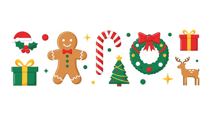 A festive collection of flat Christmas icons including a gingerbread man, candy cane, wreath, and reindeer on a white background.