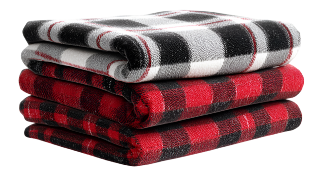 Cozy stack of soft plaid fleece blankets in red black and white patterns