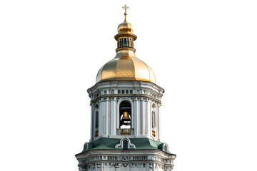 Obraz premium Close up of a golden dome and ornate bell tower against a stark black background