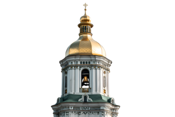Close up of a golden dome and ornate bell tower against a stark black background