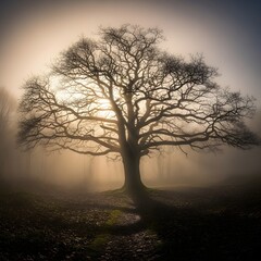 A solitary, leafless tree stands in a foggy landscape during sunrise, creating a serene and mysterious atmosphere with soft light and shadow play