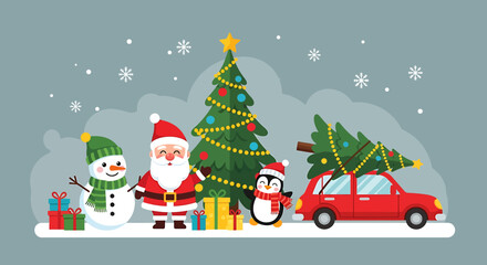 Festive illustration of a Christmas scene featuring Santa Claus, snowman, penguin, and a car carrying a tree.