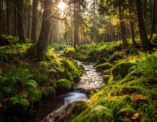 Sunlit woodland scene with a stream flowing through vibrant, green foliage