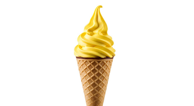 Delicious yellow soft serve ice cream in a waffle cone isolated on a white background