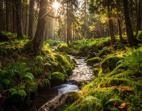 Sunlit woodland scene with a stream flowing through vibrant, green foliage