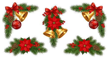 Collection of festive Christmas decorations featuring pine branches, red bows, golden bells, poinsettias, and baubles on a white background. © Sultan Desain