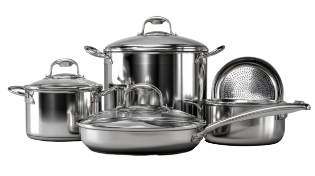 Photorealistic stainless steel cookware and tableware on transparent background