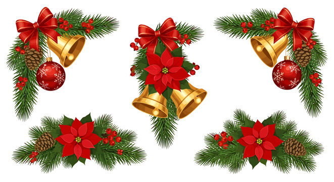 Collection of festive Christmas decorations featuring pine branches, red bows, golden bells, poinsettias, and baubles on a white background. - Powered by Adobe