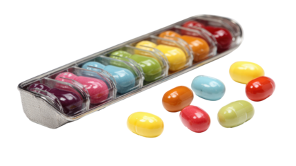 Pill organizer with colorful capsules spread around on transparent background