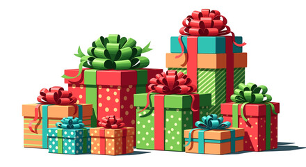 Colorful stack of wrapped gifts with bows for a holiday celebration.