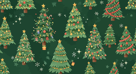 A festive collection of decorated Christmas trees with twinkling lights and ornaments on a dark green background.