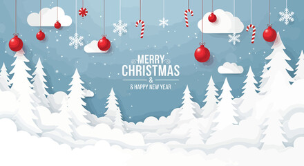 Paper cut style winter landscape with snow-covered trees, snowflakes, Christmas ornaments, candy canes, and a Merry Christmas greeting.