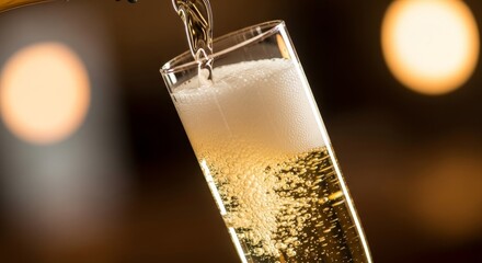 Pouring Sparkling Wine in Glass with Festive Party Bokeh.