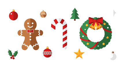 Christmas icons: gingerbread man, candy cane, wreath, ornaments, and star.