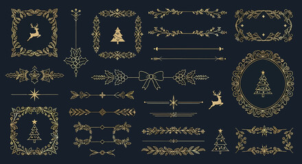 Elegant Golden Christmas Ornaments and Decorative Elements on a Dark Blue Background.