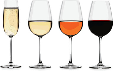 wine glasses with champagne, white wine, rosé and red wine drinks in realistic transparent style vector illustration on white
