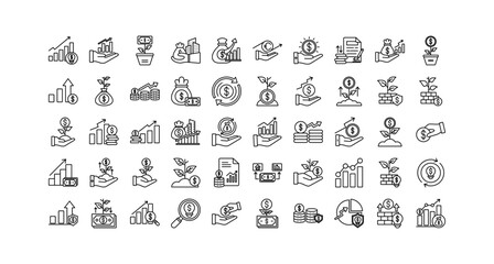 Investment icon set collection. Containing invest, statistics, increase, loss, profit, real estate, earnings.Line vector icons collection