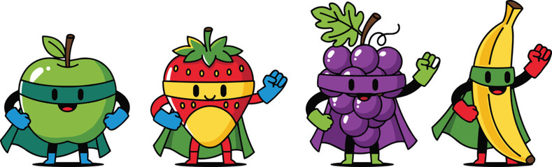 cute superhero fruit characters including apple strawberry grapes and banana wearing capes in cartoon vector illustration design