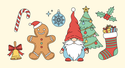 A collection of festive Christmas-themed illustrations including a gingerbread man, gnome, candy cane, and gifts.