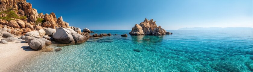 Fototapeta premium Vista Coastline Natural wonder concept. Scenic beach with clear water and rocky outcrops under blue sky.