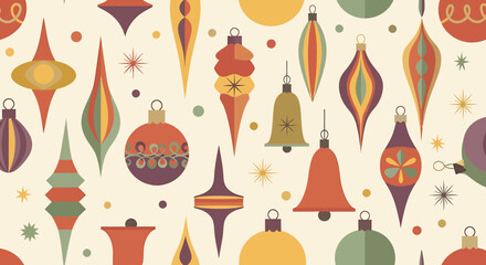 A retro-inspired seamless pattern featuring a collection of vintage-style Christmas ornaments in various shapes and colors.