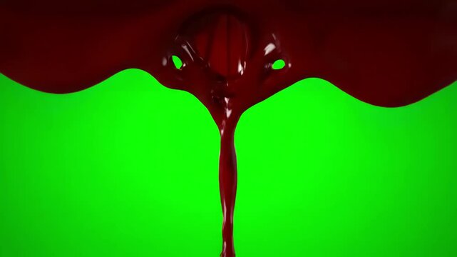 Continuous Blood-Like Streams Flowing with dark red blood drips on green screen and transparent background liquid down the surface in melting drops create streaks 3d animation chroma key alpha channel
