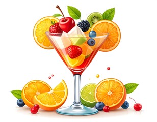 A vibrant cocktail glass brimming with an assortment of fresh fruits, showcasing oranges, berries, kiwi and cherries