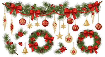 A festive collection of Christmas decorations including garlands, wreaths, ornaments, and pine sprigs. © Sultan Desain