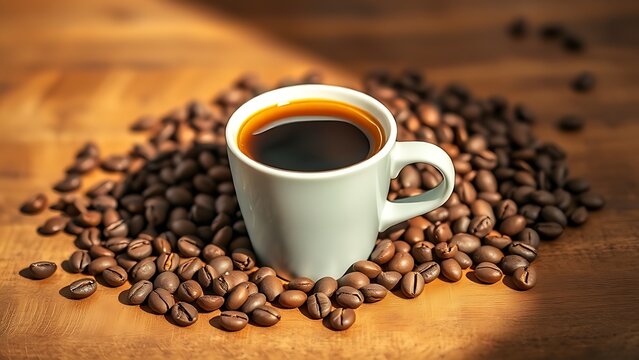 A cup of espresso surrounded by coffee beans on a rustic wooden surface, evoking warmth.