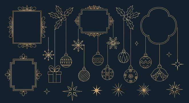 Elegant collection of gold line art Christmas ornaments, frames, and icons on a dark blue background.