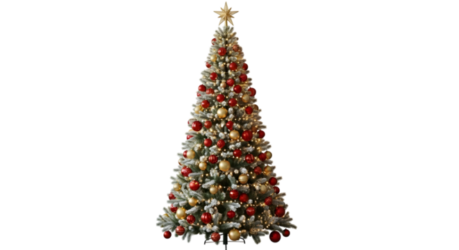 Tall beautifully decorated christmas tree with red ornaments and gold accents on a black background